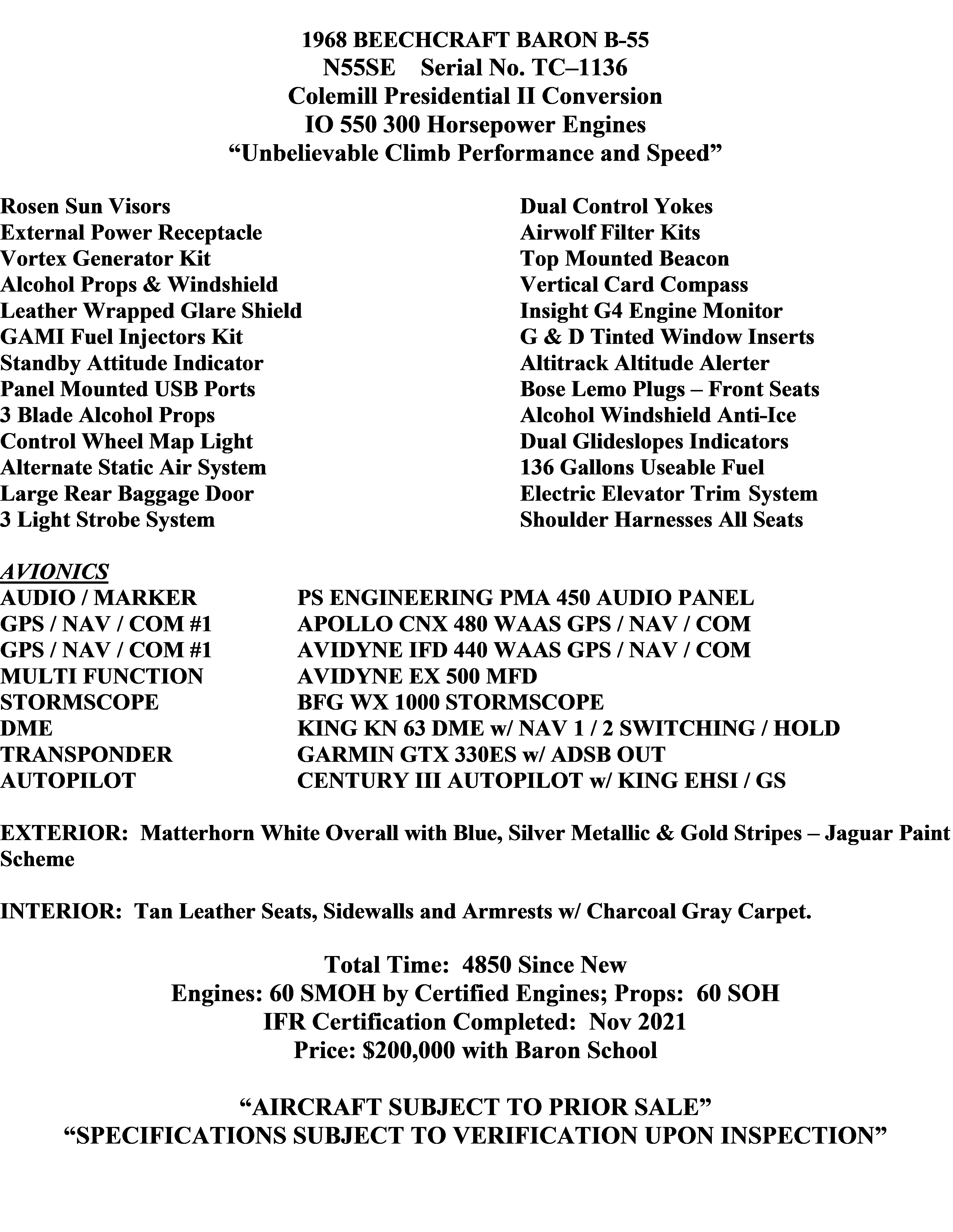 N55SE 1968 BEECHCRAFT BARON 55 for Sale | Carolina Aircraft